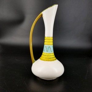 Vintage Enesco Import Japan Bud Vase Jug Ewer Gold Handle 7.50" Ivory Green Blue